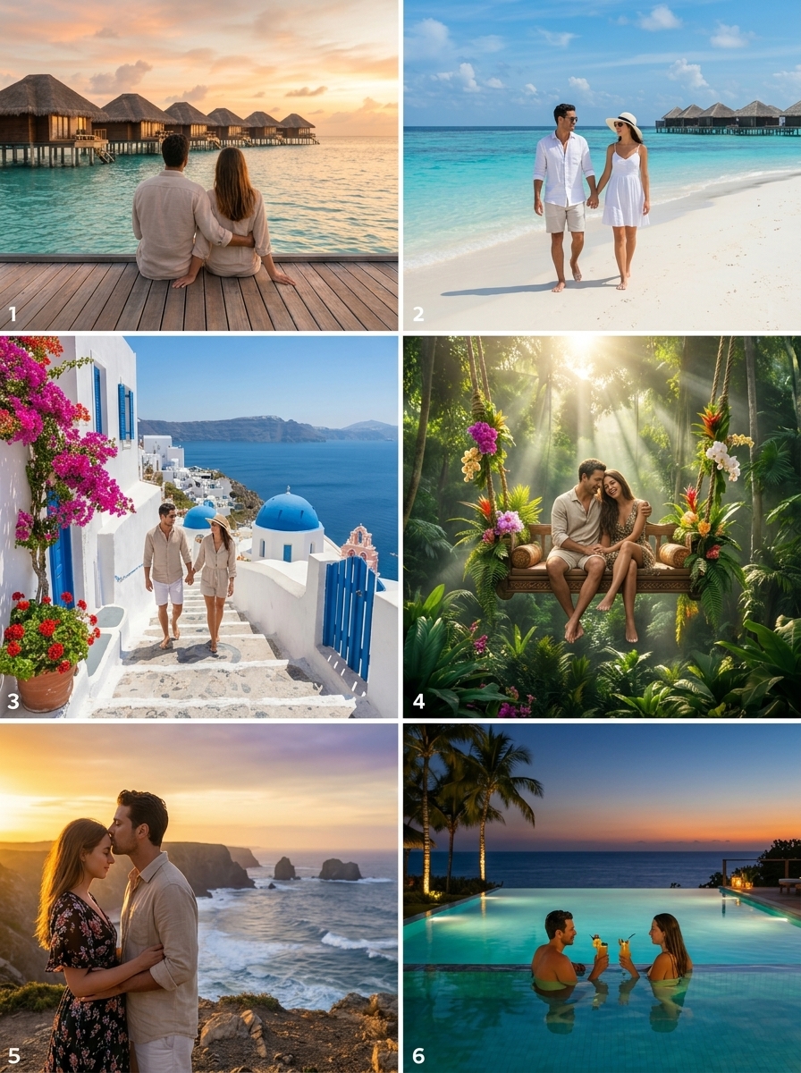The best honeymoon destinations for 2026 — Maldives, Maldivian beaches, Santorini, Bali, Maui, and tropical sunsets